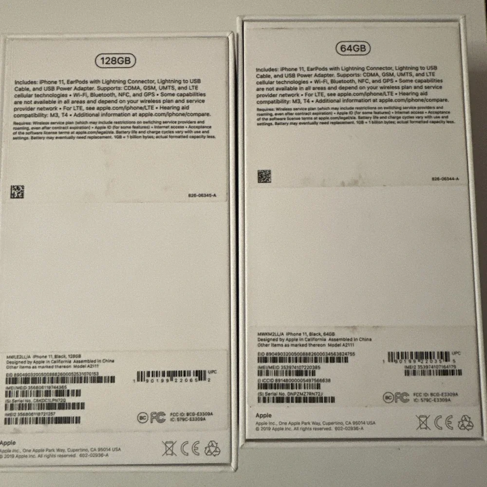 iPhone 11 Black (2) BOXES ONLY Empty, One is 64‎ GB and 128 GB boxes only